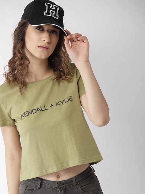 

FOREVER 21 Women Green Kendall + Kylie Printed Round Neck Pure Cotton T-shirt