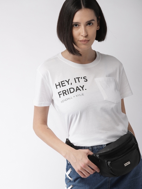 

FOREVER 21 Kendall + Kylie Women White Printed Round Neck Pure Cotton T-shirt