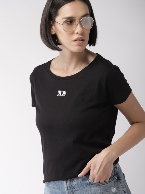 

FOREVER 21 Women Black Kendall + Kylie Solid Round Neck T-shirt