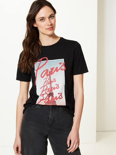 

Marks Spencer Women Black Printed Round Neck Pure Cotton T-shirt