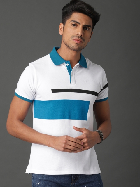 

Roadster Men White & Teal Blue Colourblocked Polo Collar T-shirt