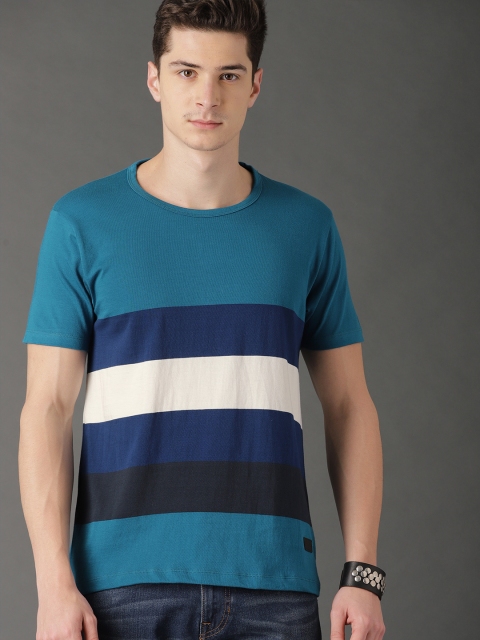 

Roadster Men Teal Blue & White Striped Round Neck T-shirt