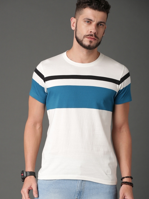 

Roadster Men White & Teal Blue Colourblocked Round Neck T-shirt
