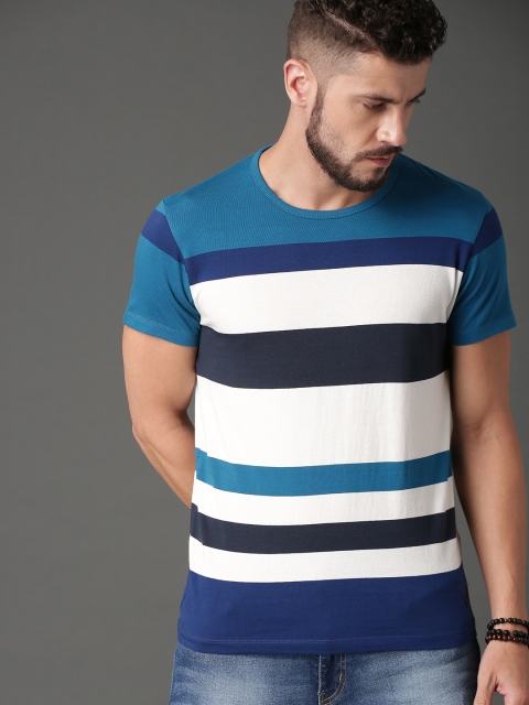 

Roadster Men Blue & White Striped Round Neck T-shirt