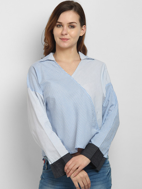 

LA LOFT Women White & Blue Striped Shirt Style Pure Cotton Top