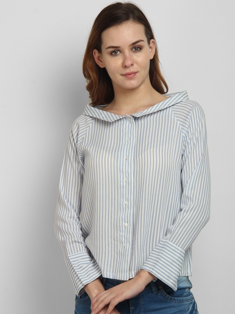 

LA LOFT Women Blue & White Regular Fit Striped Casual Shirt