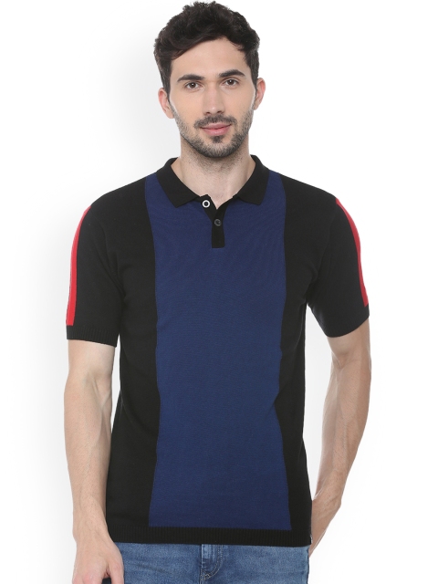 

People Men Blue & Black Colourblocked Polo Collar T-shirt