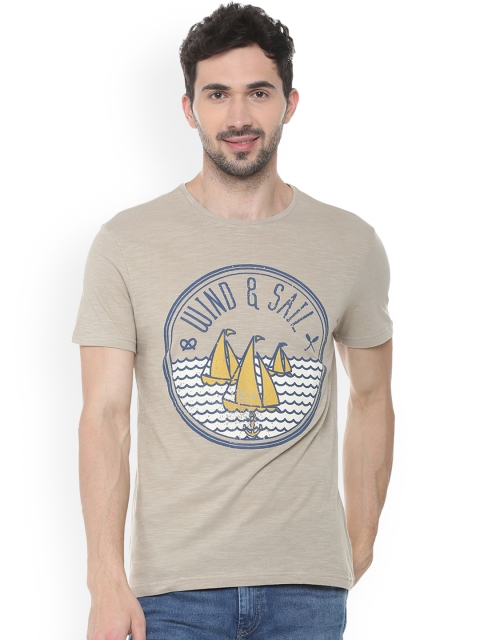 

People Men Beige Printed Round Neck T-shirt