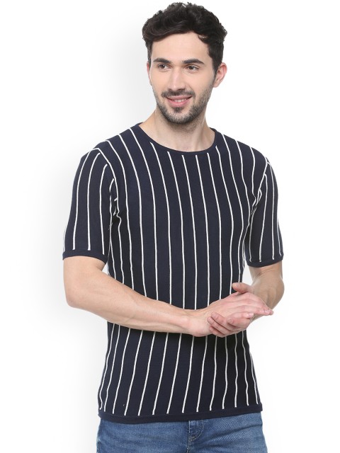 

People Men Navy Blue White Striped Round Neck Pure Cotton T-shirt