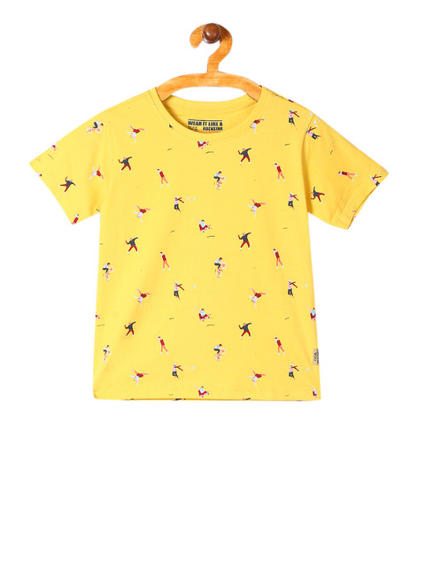 

Flying Machine Boys Yellow Printed Round Neck Pure Cotton T-shirt