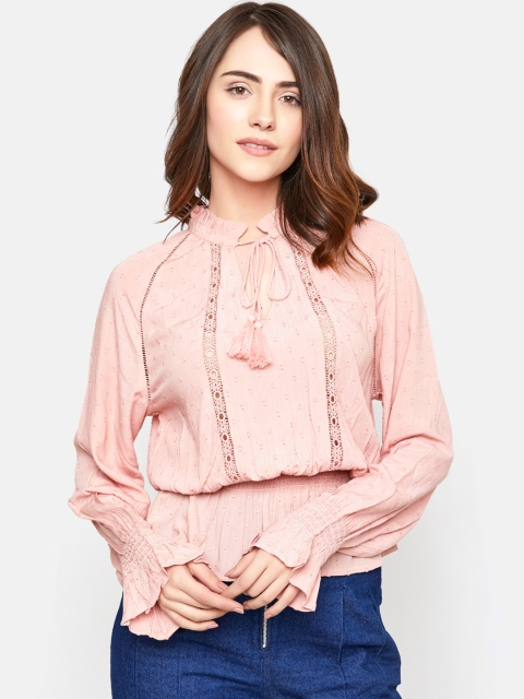 

VividArtsy Women Peach-Coloured Self Design Blouson Top
