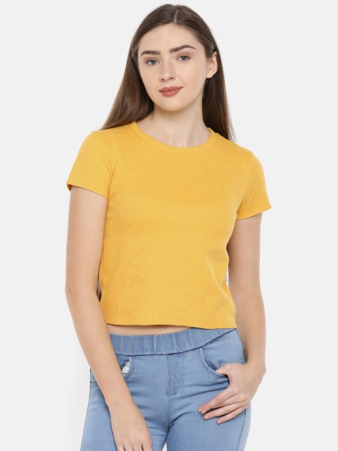 

Splash Women Mustard Yellow Solid Crop T-shirt
