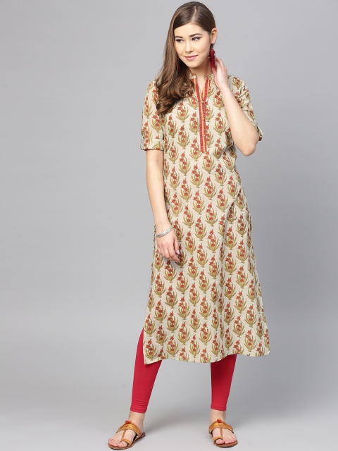 

Varanga Women Grey & Green Floral Print Straight Kurta
