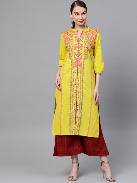 

Varanga Women Green & Pink Printed Straight Kurta