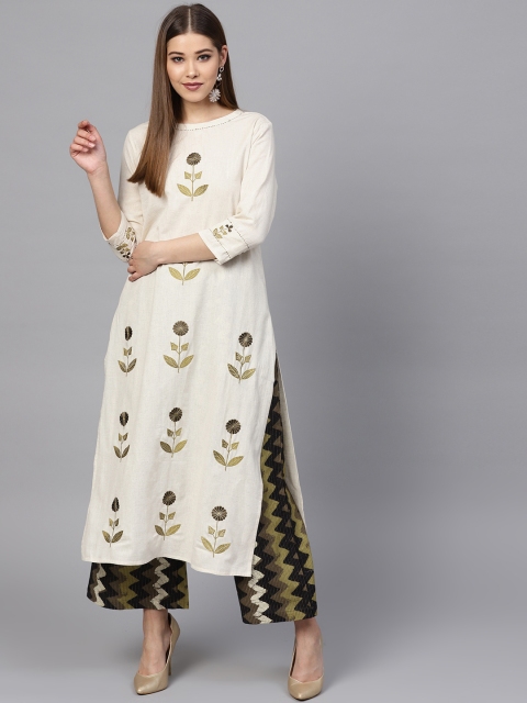 

Ishin Women Off-White & Olive Green Embroidered Kurta with Palazzos