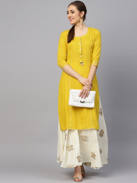 

Ishin Women Mustard Yellow & Off-White Solid Kurta with Skirt