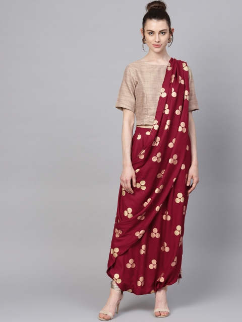 

Ishin Women Beige & Maroon Printed Top with Dhoti Pants & Dupatta