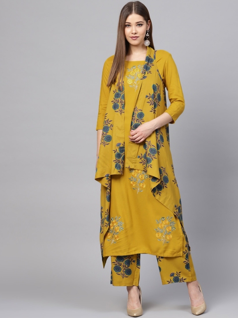 

Ishin Women Mustard Yellow Embroidered Kurta with Palazzos & Shrug