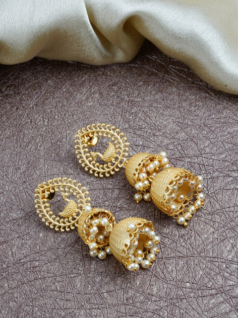 

FIROZA Gold-Toned & Off-White Beaded Dome-Shaped Jhumkas