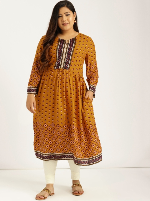 

Sztori Plus Size Women Mustard Yellow Navy Blue Printed A-Line Kurta