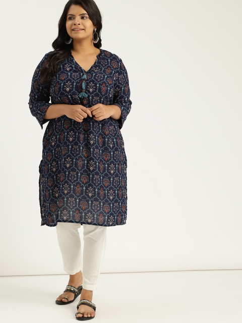 

Sztori Plus Size Women Navy Printed Straight Kurta, Navy blue