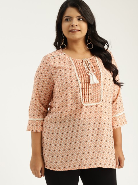 

Sztori Plus Size Women Peach-Coloured White Printed Kurti