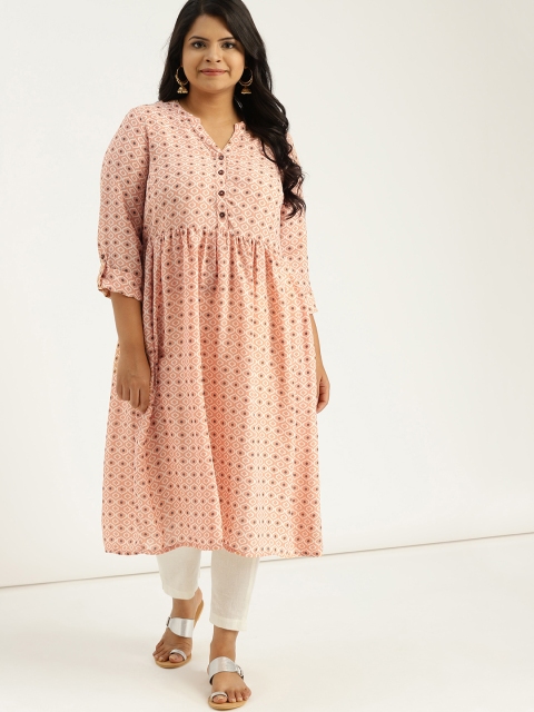 

Sztori Plus Size Women Peach-Coloured White Printed A-Line Kurta