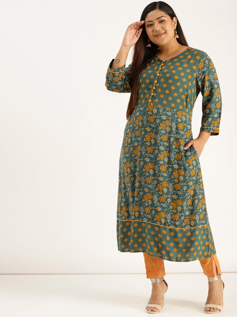 

Sztori Plus Size Women Teal Green Mustard Yellow Printed A-Line Kurta