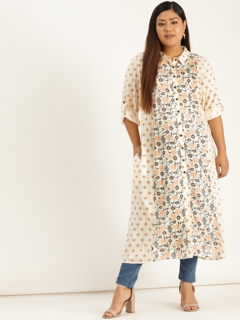 

Sztori Plus Size Women Off-White Peach-Coloured Printed A-Line Kurta