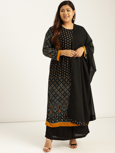 

Sztori Plus Size Women Black Mustard Yellow Printed Kurta with Palazzos Dupatta