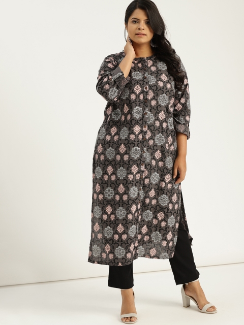 

Sztori Plus Size Women Grey Pink Printed Straight Kurta
