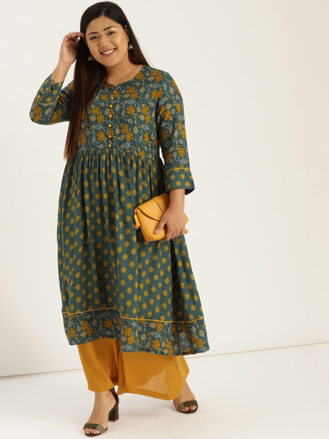 

Sztori Plus Size Women Green Mustard Yellow Printed Kurta with Palazzos