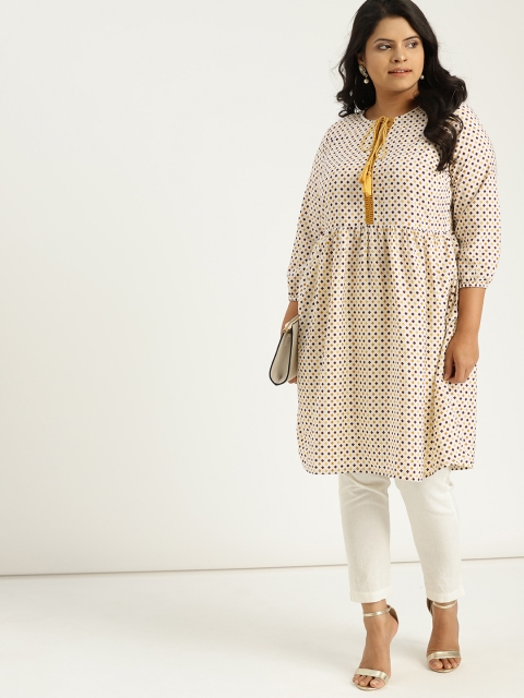 

Sztori Plus Size Women White Mustard Yellow Printed A-Line Kurta