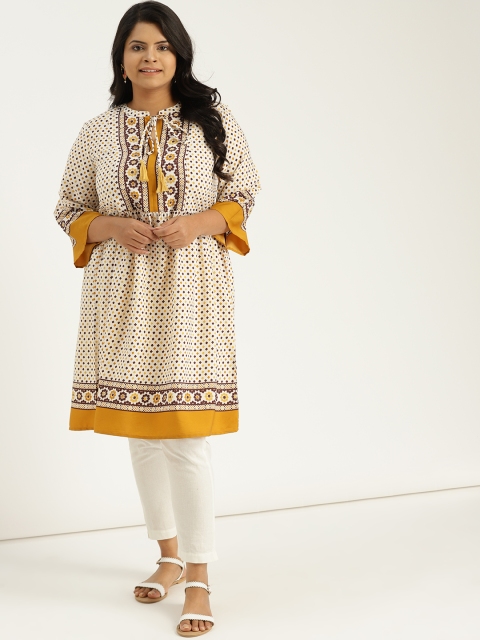 

Sztori Plus Size Women Off-White Mustard Yellow Printed A-Line Kurta