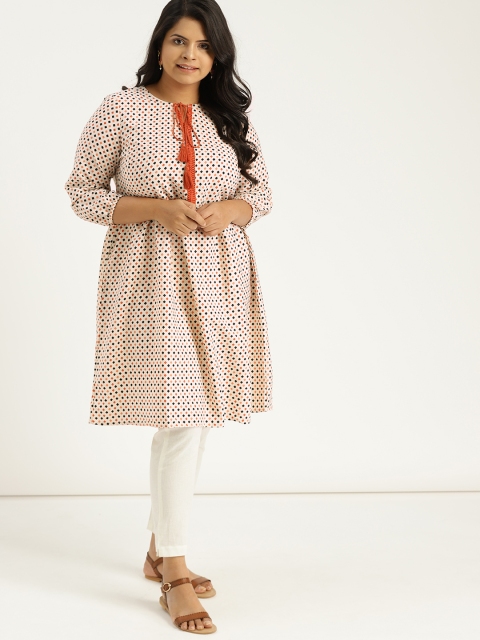 

Sztori Plus Size Women Off-White Peach-Coloured Printed A-Line Kurta