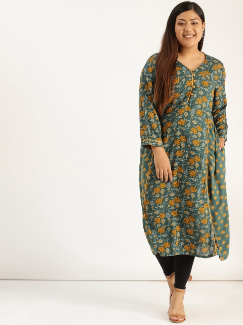 

Sztori Plus Size Women Teal Green Mustard Yellow Printed A-Line Kurta