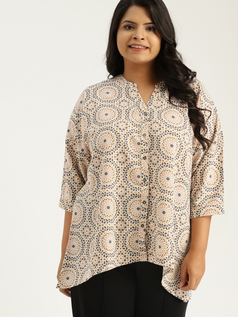 

Sztori Plus Size Women Off-White Charcoal Grey Printed Casual Shirt