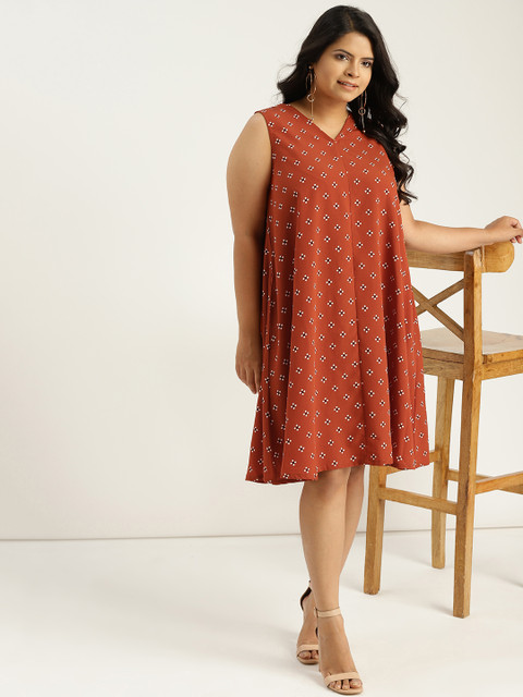 

Sztori Plus Size Women Brown White Printed A-Line Dress