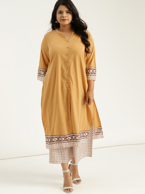 

Sztori Plus Size Women Mustard Yellow Off-White Solid Kurta with Palazzos