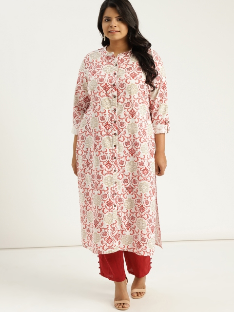 

Sztori Plus Size Women White Rust Red Printed Straight Kurta