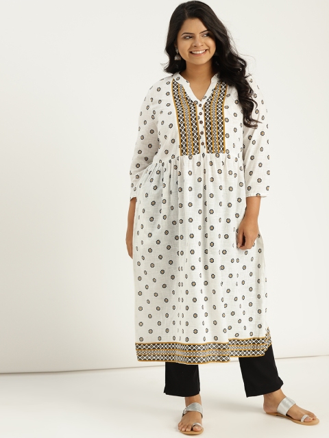 

Sztori Plus Size Women White Black Printed A-Line Kurta