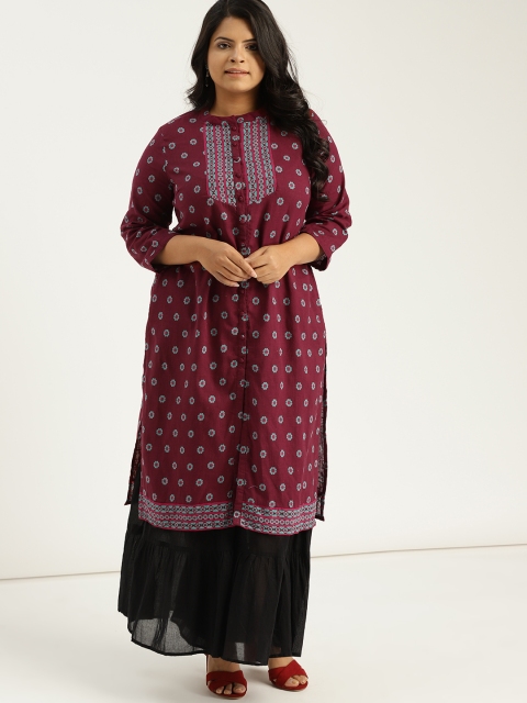 

Sztori Plus Size Women Burgundy Blue Printed Straight Kurta