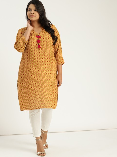 

Sztori Plus Size Women Mustard Yellow Pink Printed Straight Kurta