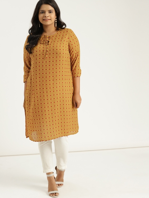 

Sztori Plus Size Women Mustard Yellow Pink Printed Straight Kurta
