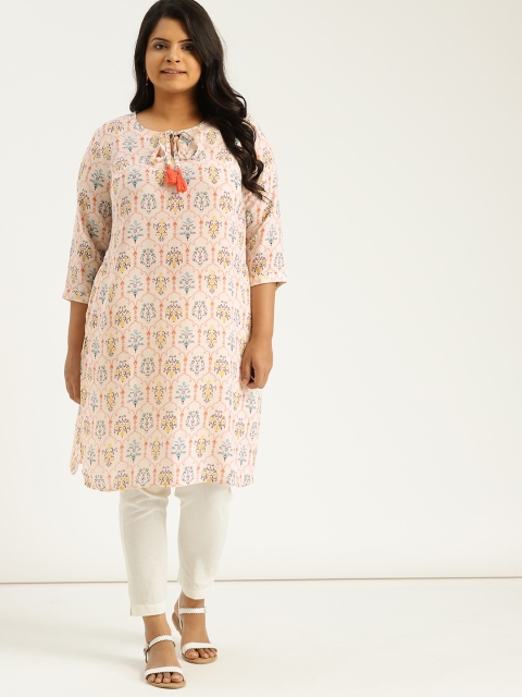 

Sztori Plus Size Women Peach-Coloured Orange Printed Straight Kurta