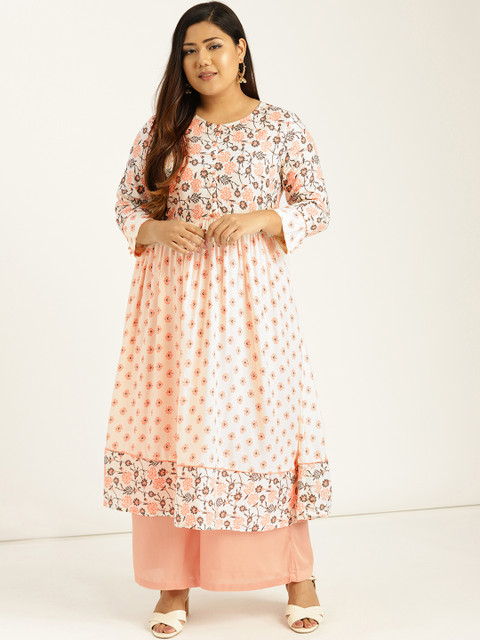 

Sztori Plus Size Women Off-White Peach-Coloured Printed Kurta with Palazzos