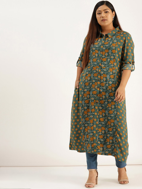 

Sztori Plus Size Women Teal Green Mustard Yellow Printed A-Line Kurta