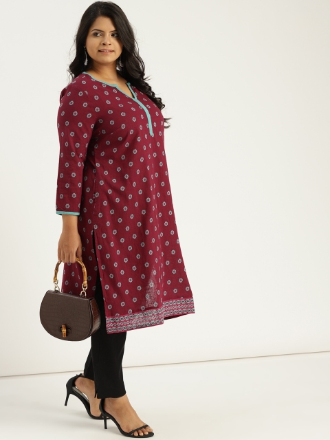 

Sztori Plus Size Women Maroon Blue Printed Straight Kurta