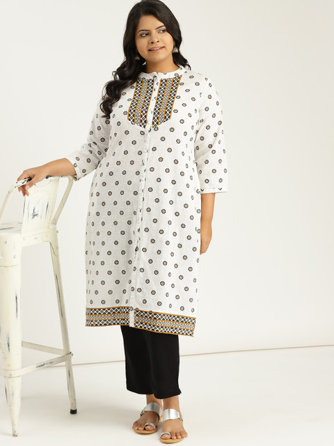 

Sztori Plus Size Women White Black Printed Straight Kurta