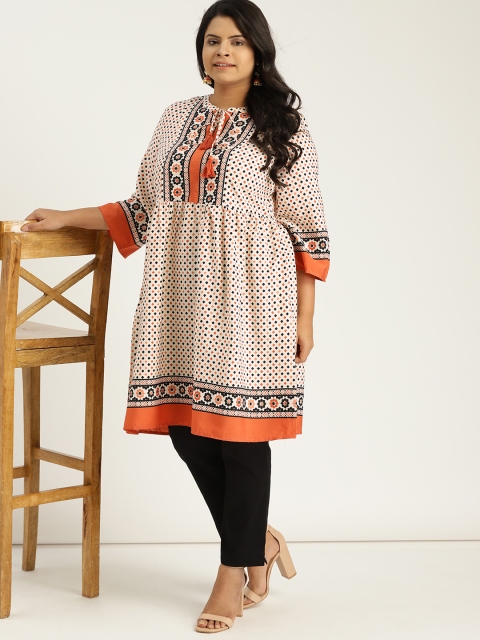 

Sztori Plus Size Women Off-White Rust Orange Printed A-Line Kurta